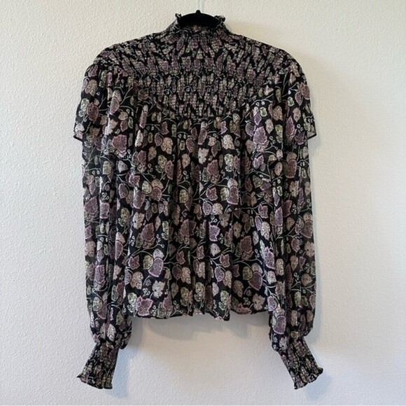 cinq a sept drew georgette floral ruffle smocked blouse - Picture 3 of 12